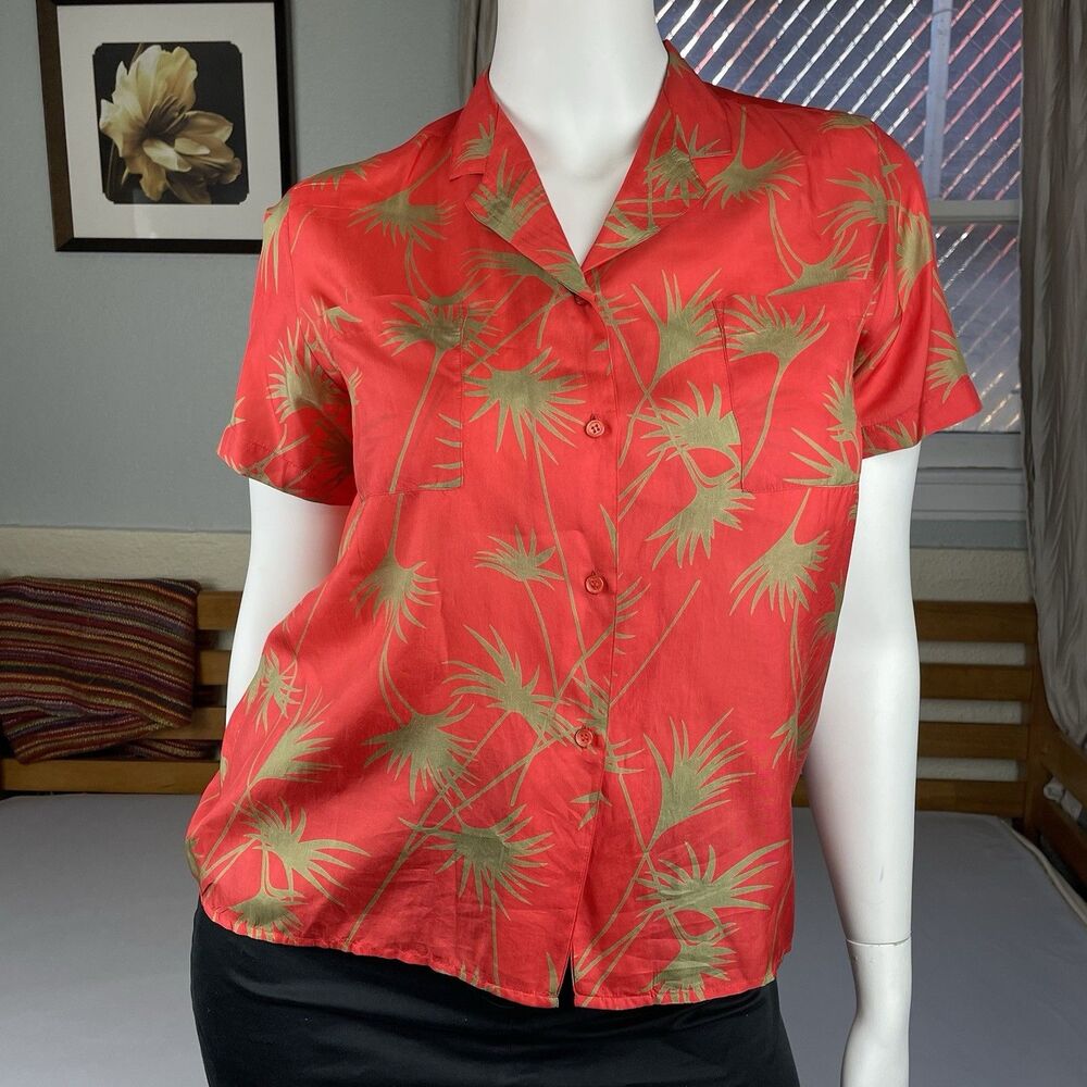 PAULA SAKER Vintage Silk Button Up Blouse Women’s 14 Red Gold Tropical Print